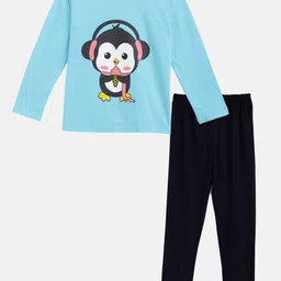 Wyld Sprog Girls Blue & Black Penguin Printed Cotton Night suit-picture-26