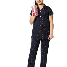 Zeyo Girls Navy Blue & Pink Printed Night suit-picture-10