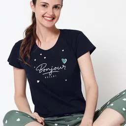 Zeyo Women Navy Blue & Green Printed Night suit-image-8