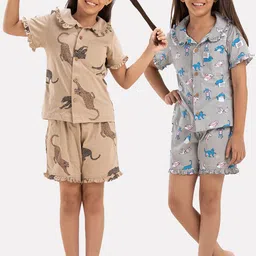 Growing Tree Girls Pack Of 2 Conversational Printed Pure Cotton Night Suit-picture-36