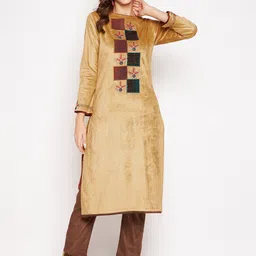 Zigo Women Mustard & Brown Yellow Embroidered Velvet Kurta with Trouser-image-34