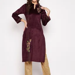 Zigo Women Maroon Floral Embroidered Thread Work Velvet Kurta with Trousers-picture-32