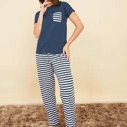 Styli Round Neck Short Sleeves T-shirt with Pyjamas Night suits-image-85