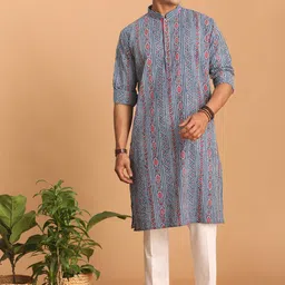 SHVAAS by VASTRAMAY Ethnic Motif Printed Band Collar Pure Cotton Sustainable Kurta With Trousers image 1