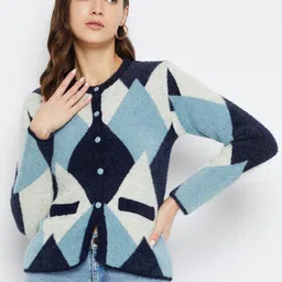 Zigo Geometric Printed Round Neck Long Sleeves Woollen Cardigan Sweater-picture-4