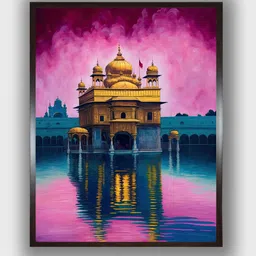 INDIAN CLASSIC ART Pink & Blue Golden Temple Painting Canvas Wall Art-image-77