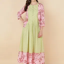 HERE&NOW Women Green And Pink Ethnic Motifs Cotton Maxi Ethnic Dress With Short Jacket-image-13