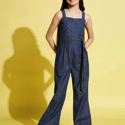 Stylo Bug Girls Square Neck Pure Cotton Sleeveless Basic Jumpsuit with Belt-image-4
