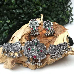 Ozanoo Silver-Plated Stone Studded & Beaded Oxidised Jewellery Set-picture-33
