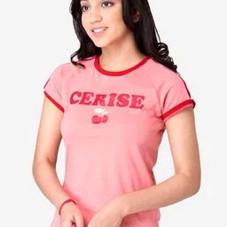 Mode by Red Tape Girls Coral Pink & Red Printed Round Neck T-shirt image 1
