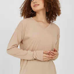 Styli Women Beige V-Neck Drop-Shoulder Sleeves Cotton T-shirt-image-47