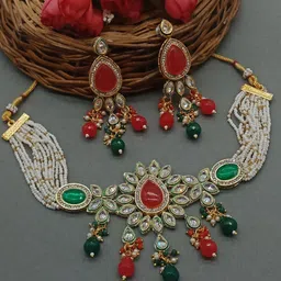 AASHISH IMITATION Gold-Plated American Diamond-Studded & Beaded Jewellery Set-picture-41