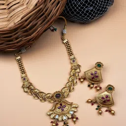 StileAdda Gold-Plated Stone-Studded Kempu Jewellery Set-image-2