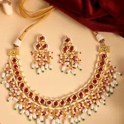 DASTOOR Gold-Plated Red Stone & Beaded Jewellery Set image 5