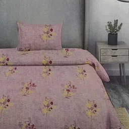 Signature Yellow & Mauve Floral 144 TC Single Bedsheet with 1 Pillow Covers image 1