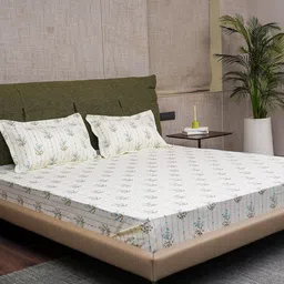 URBAN SPACE Blue & White Floral Fitted Cotton 200 TC King Bedsheet With 2 Pillow Covers-picture-27