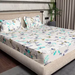 URBAN SPACE Blue & White Printed Fitted Cotton 200 TC King Bedsheet With 2 Pillow Covers-picture-28