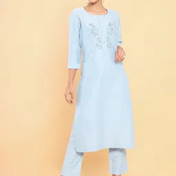 Soch Women Blue Floral Embroidered Thread Work Kurta with Trousers-image-8