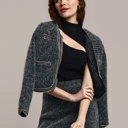 iki chic Grey Self Design Woollen Tweed Jacket With Mini Skirt-image-10