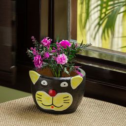 ExclusiveLane Black & Yellow Meek Meow Patterned Handcrafted Terracotta Table Planter Pot-picture-14