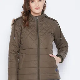VERO AMORE Women Olive Green Solid Insulator Padded Hooded Jacket with Faux Fur Trim-picture-15
