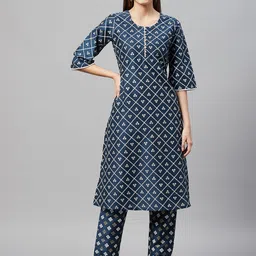 V TRADITION Women Navy Blue & White Geometric Print Kurta with Trousers-picture-35