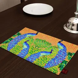 sej by nisha gupta Peacock (12x18) Brown & Blue Poly Cotton (Set of 4) Placemat image 1