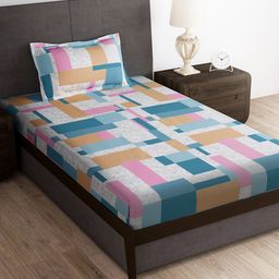 Story@home White & Blue Abstract Microfiber 180 TC Single Bedsheet With 1 Pillow Cover-picture-38