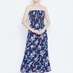 DODO & MOA Navy Blue & Pink Smoked Detail Strapless Floral Printed Culotte Jumpsuit-picture-7