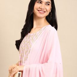 SHOWOFF Women Pink Embroidered Empire Gotta Patti Silk Crepe Kurta with Sharara & With Dupatta-picture-15