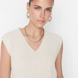 Trendyol Women Beige Cable Knit Crop Sweater Vest-picture-19
