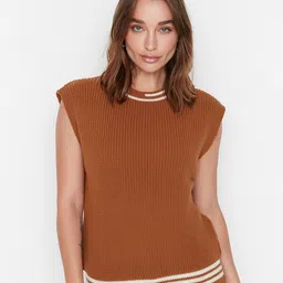 Trendyol Women Coffee Brown & White Ribbed Sweater Vest-image-58