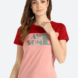 shashvi Women Red & Peach-Coloured Typography Printed Cotton T-shirt-image-22