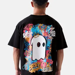 The Souled Store Black Graphic Printed Drop-Shoulder Sleeves Oversized Pure Cotton T-shirt image 1