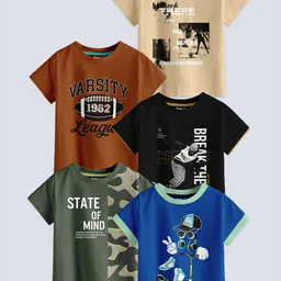 BAESD Boys Pack Of 5 Typography Printed Pure Cotton T-shirt-picture-19