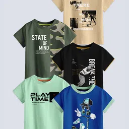 BAESD Boys Pack Of 5 Typography Printed Pure Cotton T-shirt-picture-21