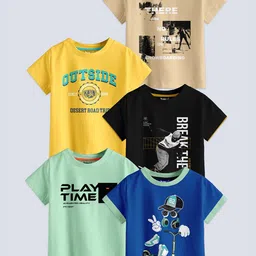 BAESD Boys Pack Of 5 Typography Printed Pure Cotton T-shirt-picture-23