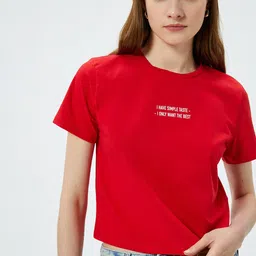 Koton Women Typography Printed Round Neck Cherry Red Crop T-shirt image 1