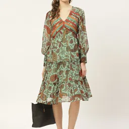 Antheaa Women Mint Green & Orange Paisley Print Tiered A-Line Dress with Lace Inserts-picture-43