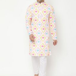 Hangup Men Yellow Printed Cotton Blend Kurta with Pyjamas-picture-22