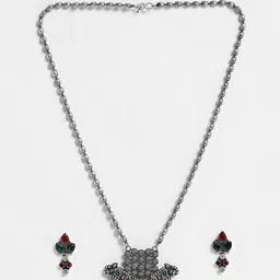 EL REGALO Silver Toned & Green Stone-Studded Silver-Plated Jewellery Set-picture-13