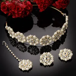 Sukkhi Gold-Plated AD-Studded & Pearl Beaded Necklace and Earrings With Maang Tika-image-91