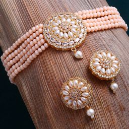 ZENEME Off-White Gold-plated Pearl Studded Multistrand Choker Jewellery Set-picture-28