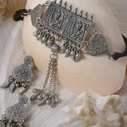 Moedbuille Silver-Plated Beaded Tasselled Oxidised Necklace and Earrings-picture-34