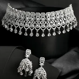 Voylla Women Rhodium-Plated Silver-Toned White Stone-Studded Jewellery Set-picture-36