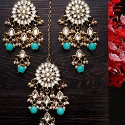 KARATCART Gold-Plated White & Blue Kundan-Studded & Beaded Earrings with Maangtikka Set-image-72