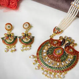 MORKANTH JEWELLERY Gold-Plated Green & White Kundan-Studded & Beaded Peacock Jewellery Set-picture-46