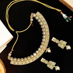 FEMMIBELLA Gold-Plated Kundan-Studded & Beaded Meenakari Jewellery Set-image-8