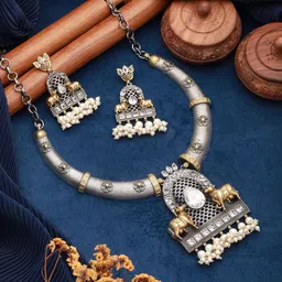 Saraf RS Jewellery Rhodium-Plated American Diamond Studded & Beaded Necklace & Earrings-picture-41
