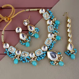LUCKY JEWELLERY 18k Gold Plated Kundan Studded Necklace and Earrings With Maangtika-picture-34